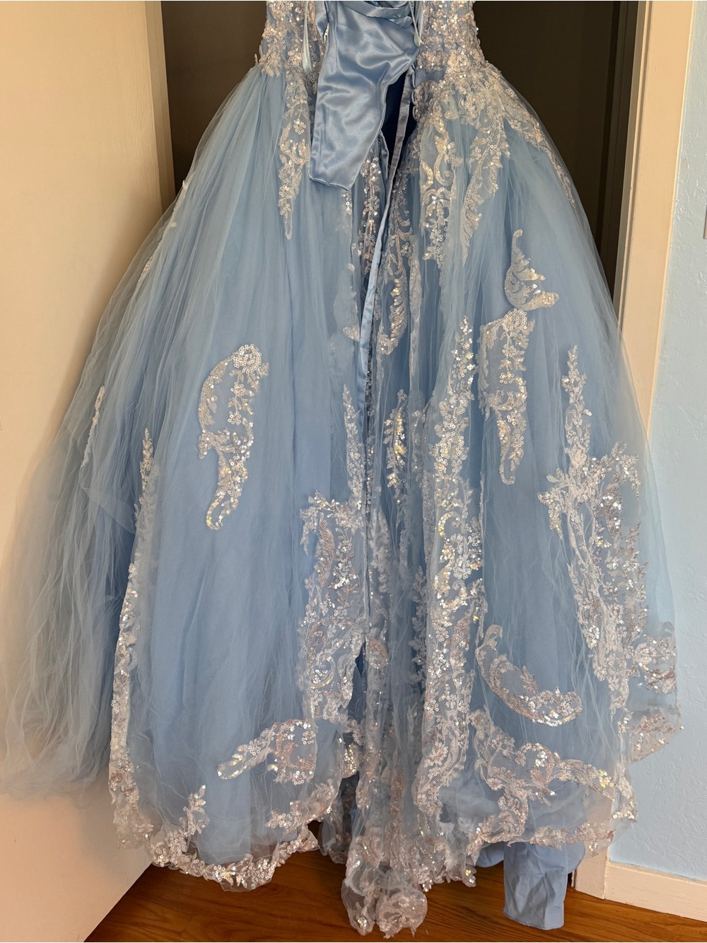 Sz 8 Morilee Madeline Gardner Sparkle Lace Ball Gown Formal Dress - Light Blue - Picture 6 of 11